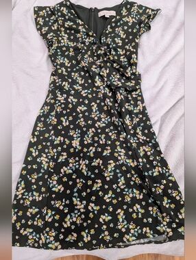 LOFT Black Floral Cap-Sleeve Wrap-Style Dress